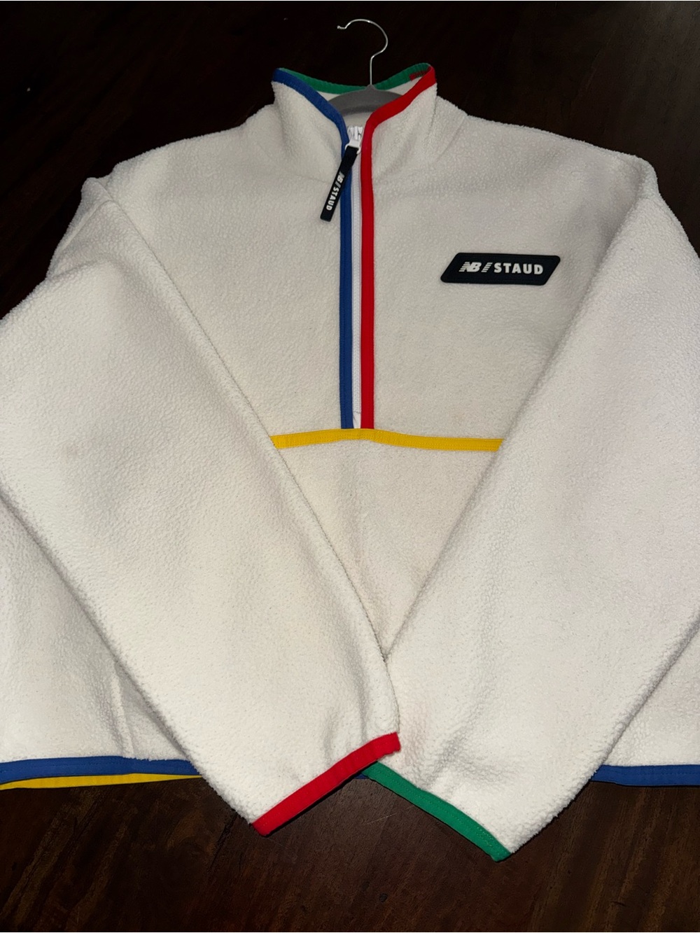 New Balance x Staud Sherpa Pullover | Sz Medium | off white with colored piping - Picture 2 of 9